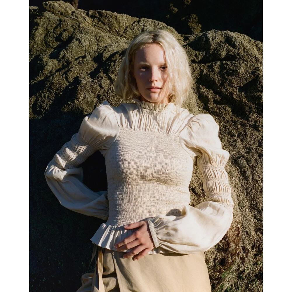 Nary Rohnea Linen Shirring Turtleneck Blouse Womens XS Cream Ruffled Puff Sleeve